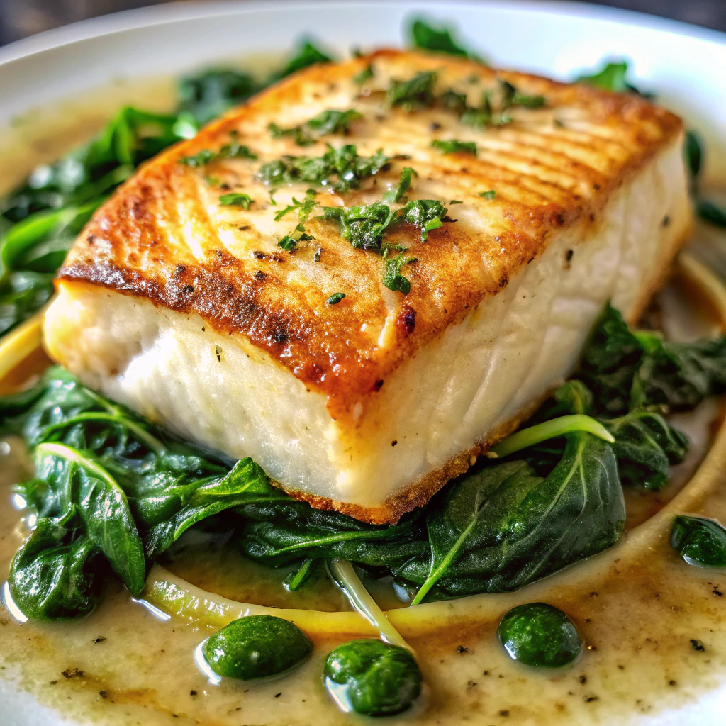 Pan-Seared Halibut with Spinach