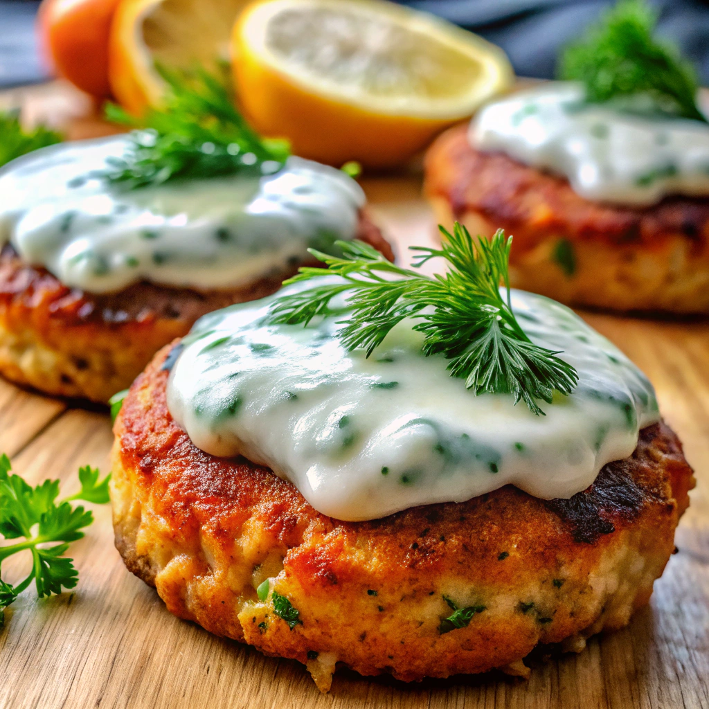 Salmon Patties with Dill Sauce