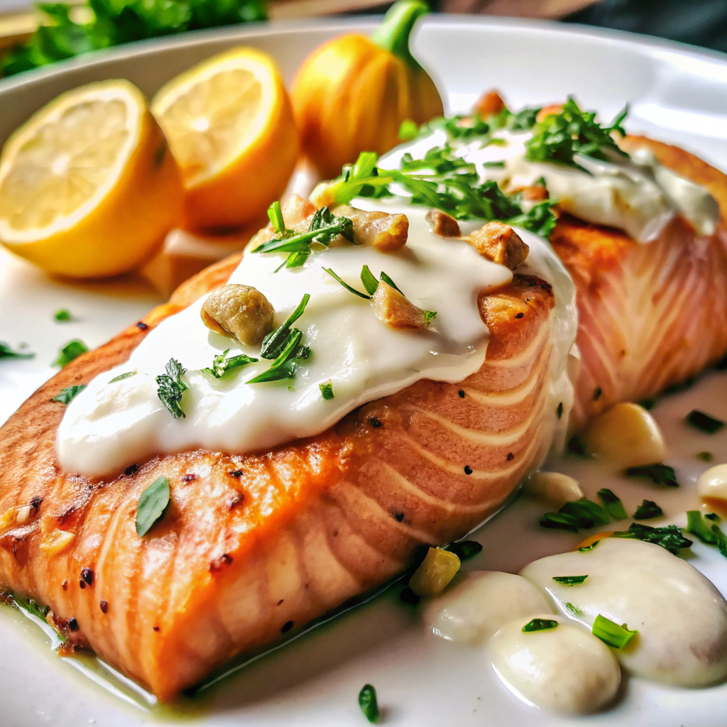 Baked Salmon with Garlic Yogurt Sauce