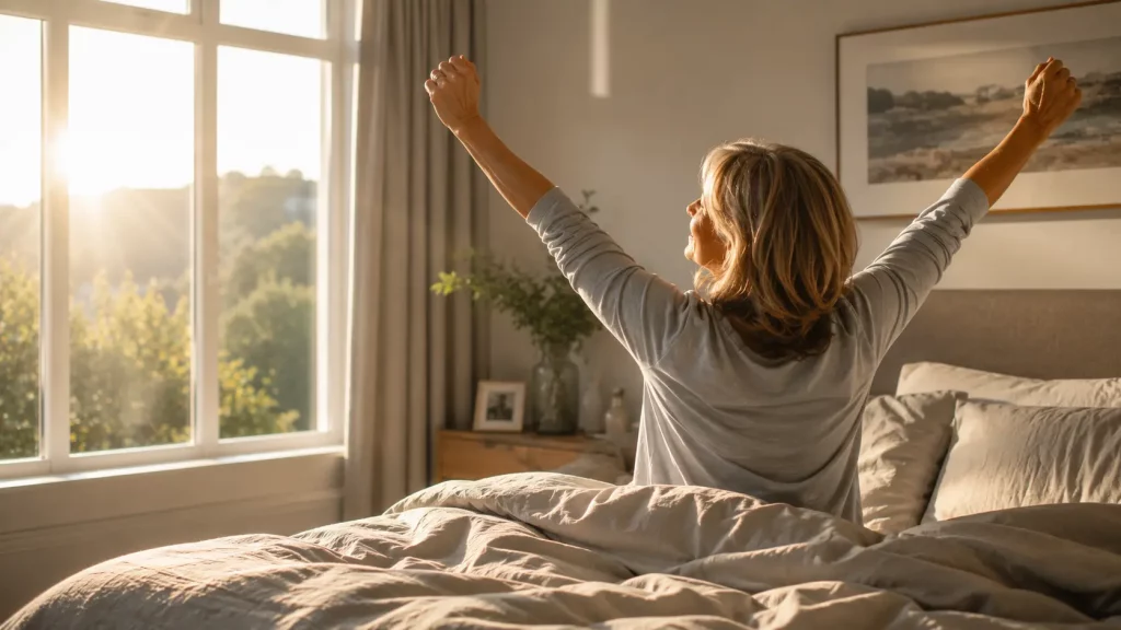 Adult waking up feeling rested in bright bedroom